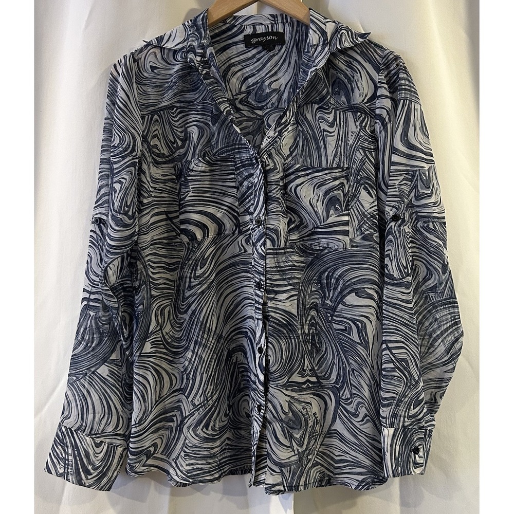 Grayson Women's Long Sleeve Button Up Blouse Size Large Gray Blue Swirl Sheer - Picture 1 of 6